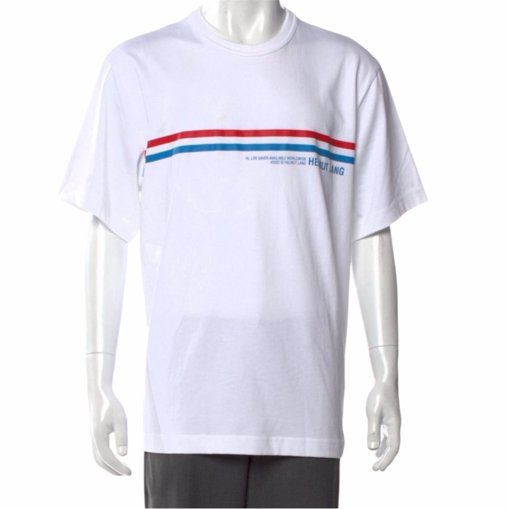 Helmut Lang Lifesaver Tee Mens M White Stripe Logo Shirt NEW w/ Tags MSRP $165